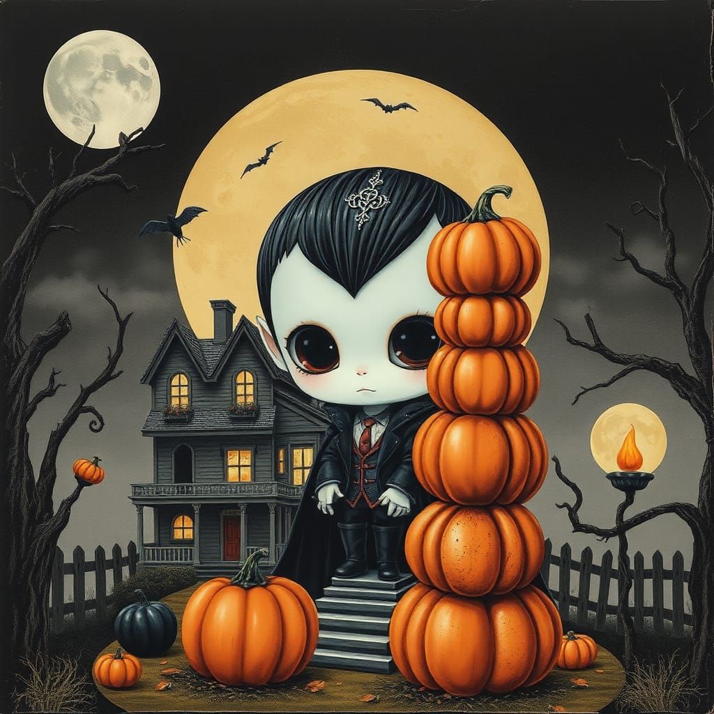 Chibi Vampire Portrait with Haunted House Collage