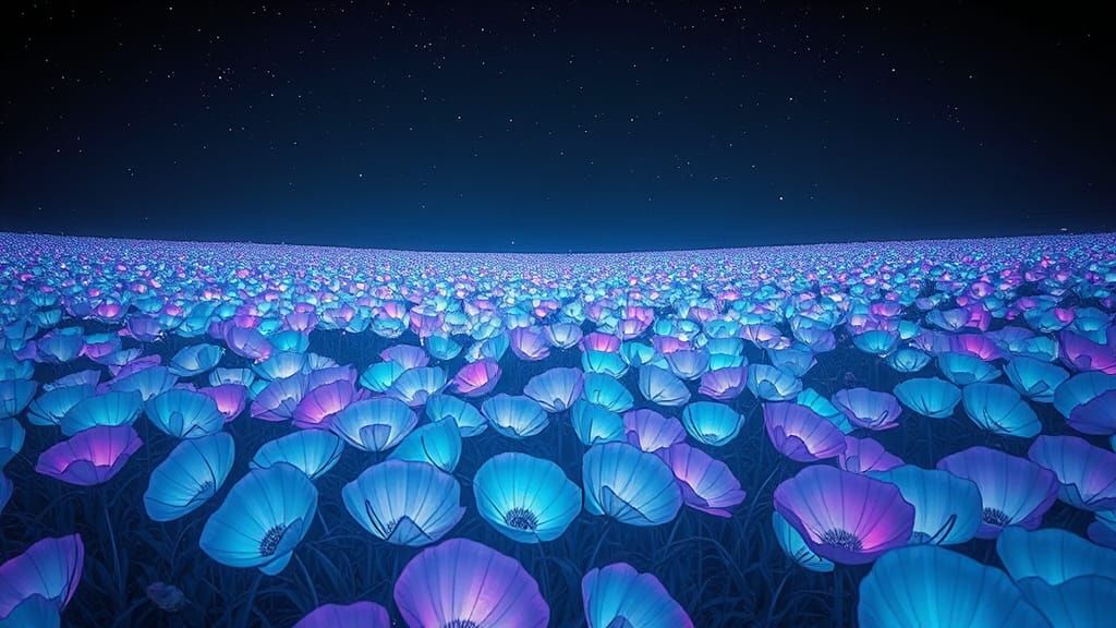 Bioluminescent Flowers Under Starry Sky, Dreamlike Landscape