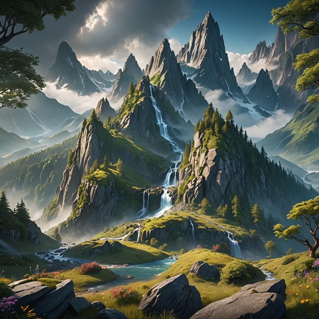 Lush Mountain Landscape in a Fantasy Matte Painting