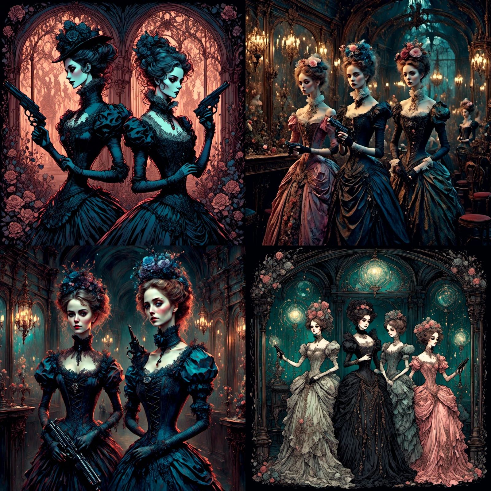 Victorian Women Play Laser Tag in Neon-lit Room