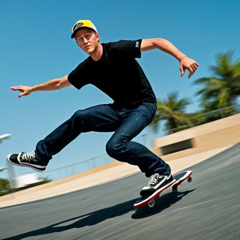 Tony Hawk's Signature Skateboarding Move in Hyperrealism