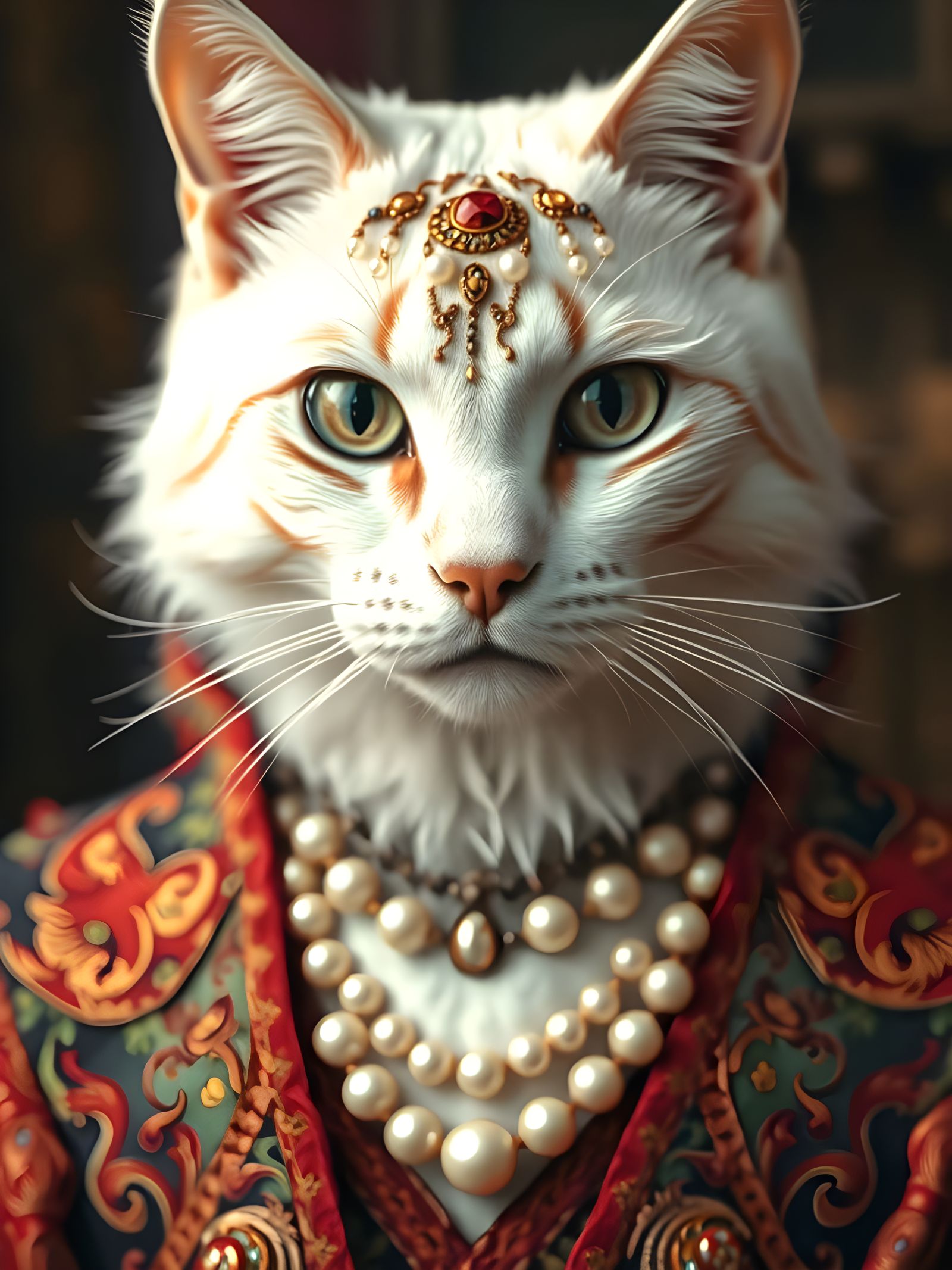 Humanized White Cat Adorned with Jewels and Tattoos