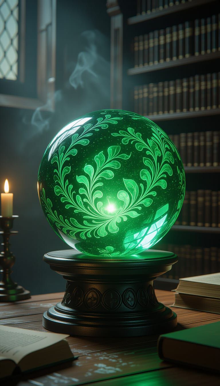 Glowing Green Crystal Sphere in Ancient Library