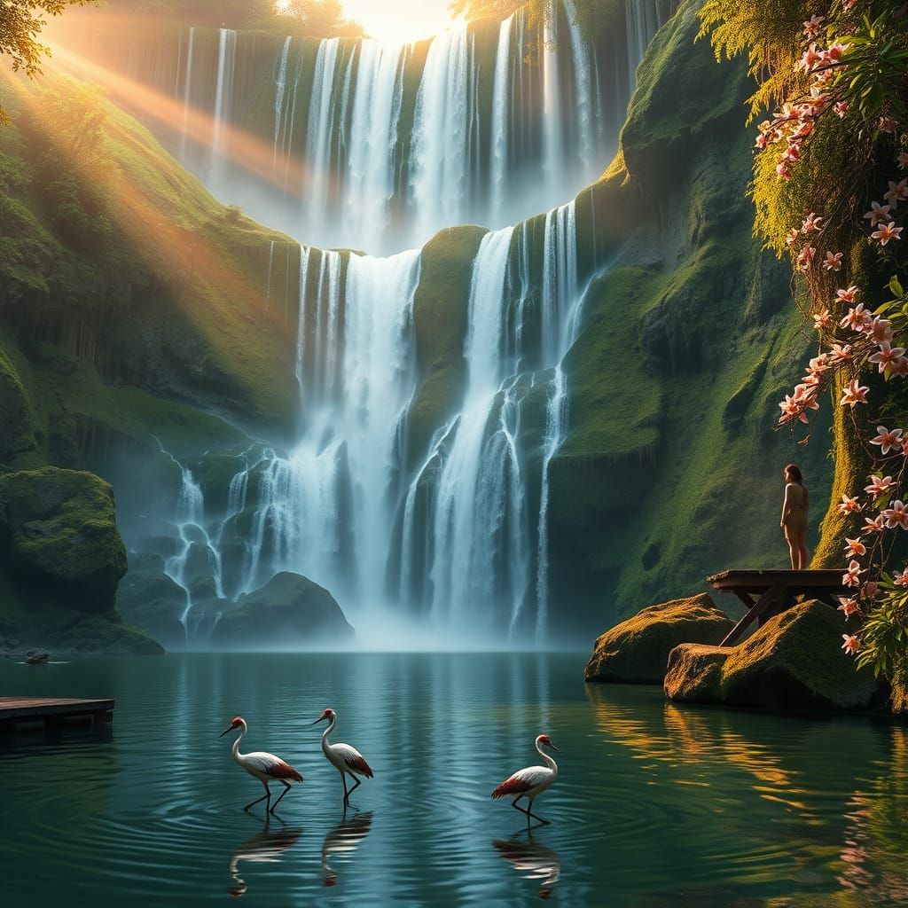 Ethereal Sunset Waterfall in Tropical Paradise