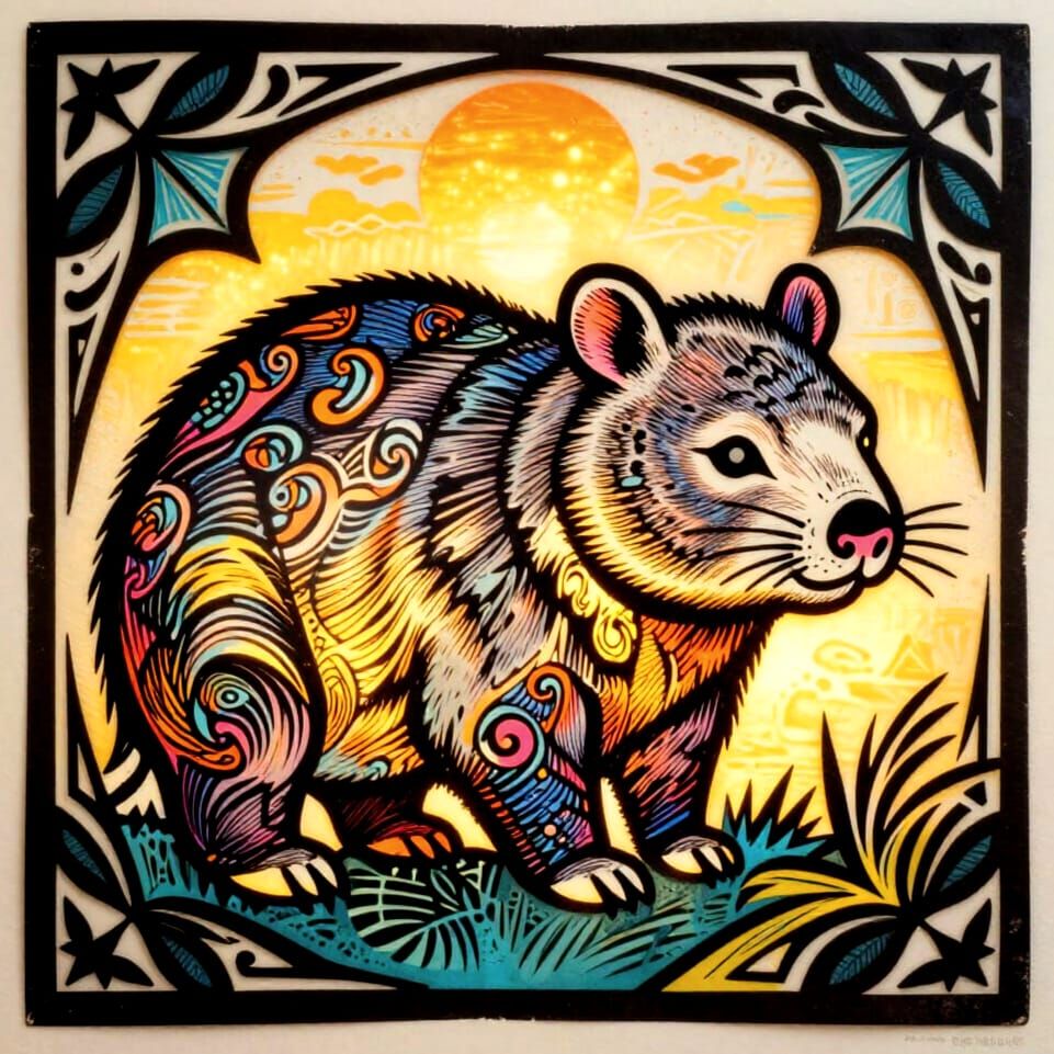 Art Nouveau Wombat Masterpiece in Linocut Style