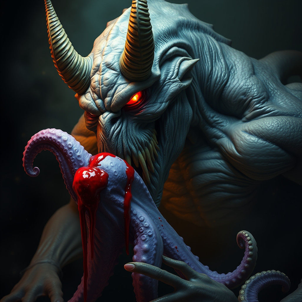 Grotesque Monster Devouring Octopus in Dark Abyss