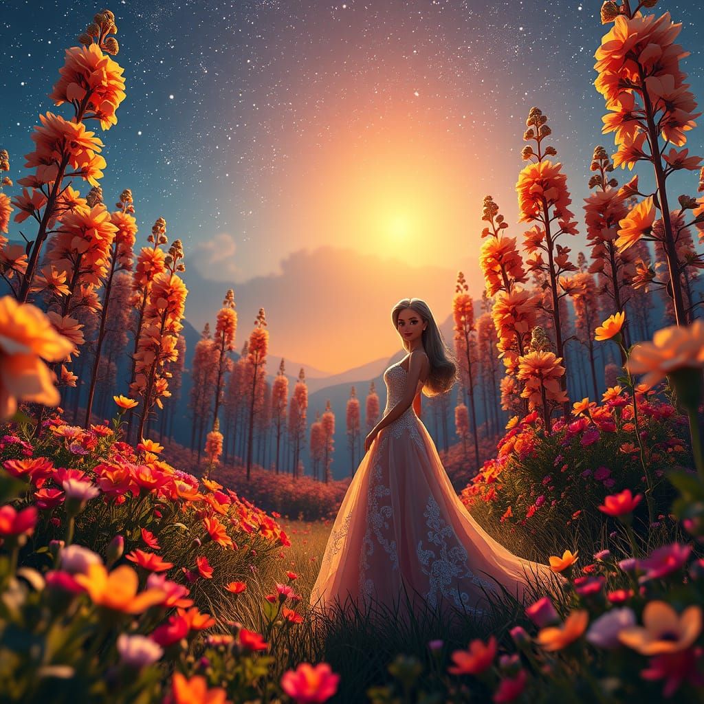 Barbie and Ken in a Vibrant Wildflower Field Under Starry Ni...
