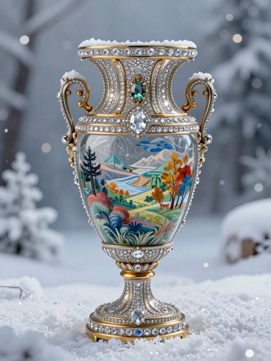 Ornate Victorian Vase with Winter Scenes in Hyperrealistic S...