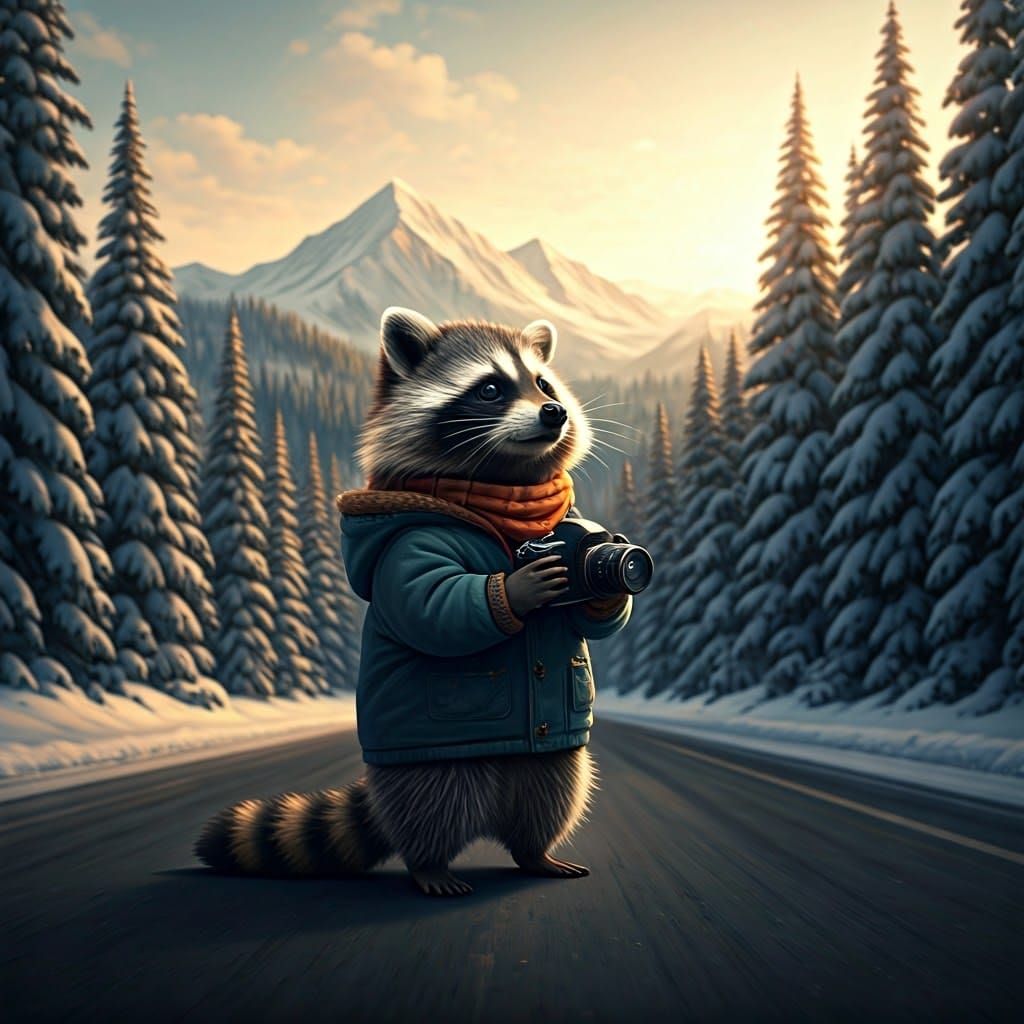 Hyperrealistic Winter Wonderland with Raccoon Photographer