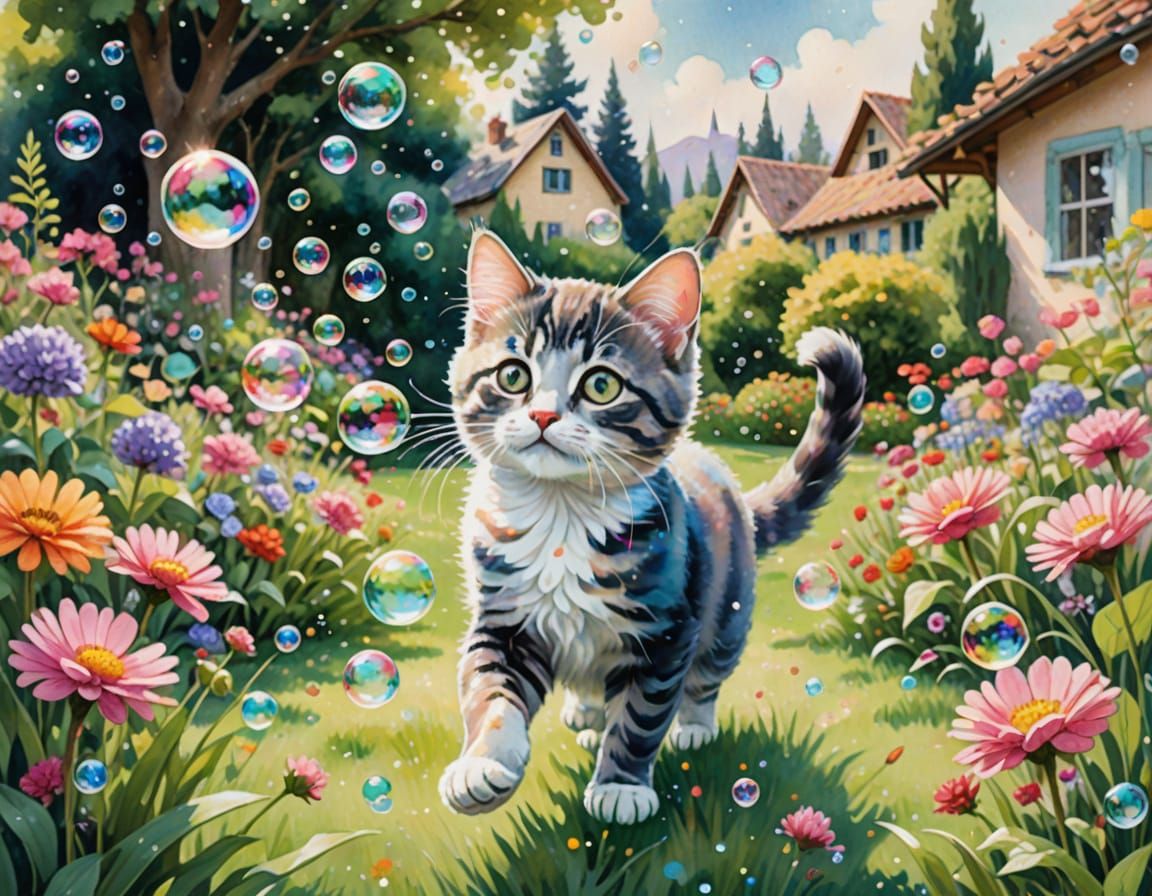 Kitten and Bubbles in Watercolor Garden