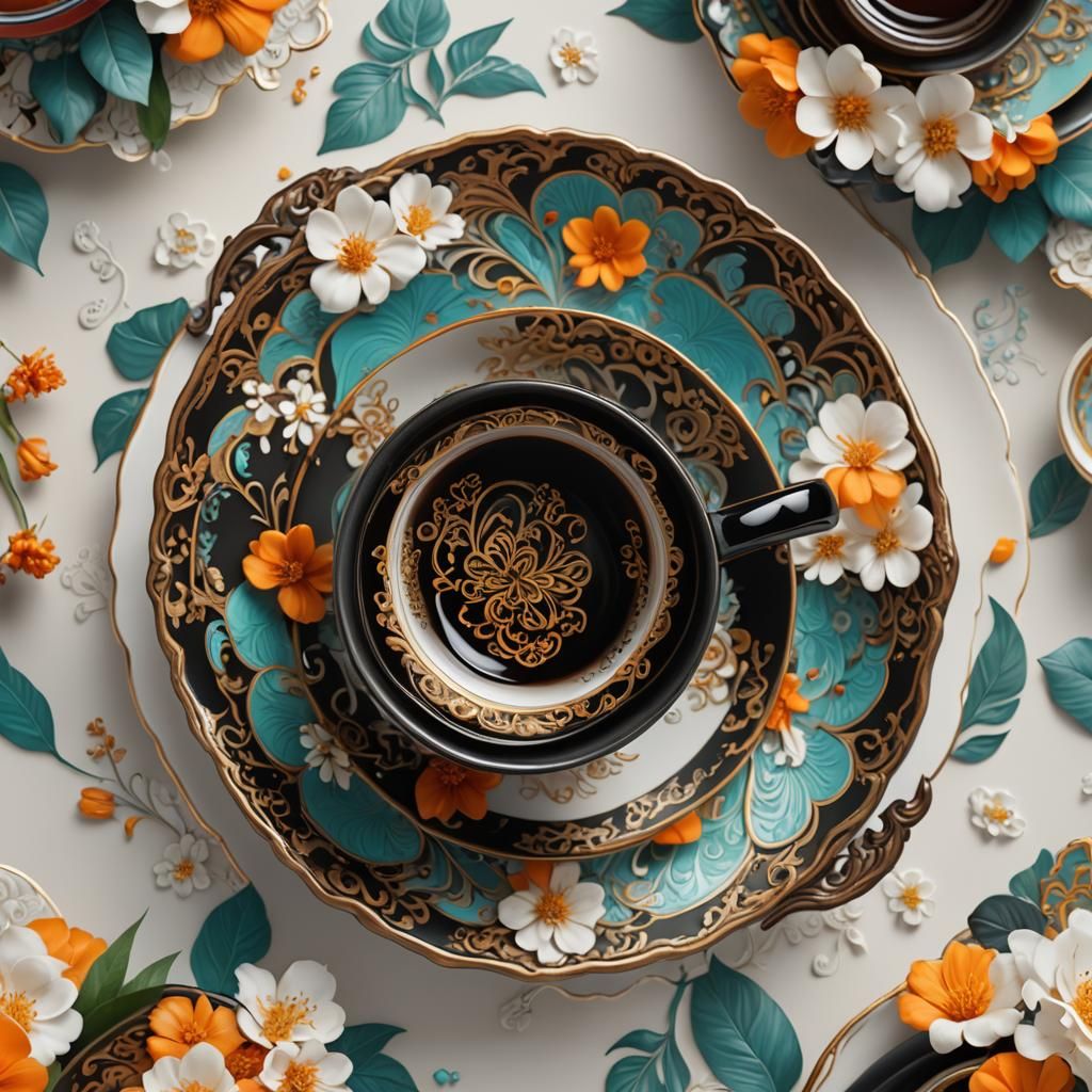 Ornate Mango Tea Cup with Floral Background