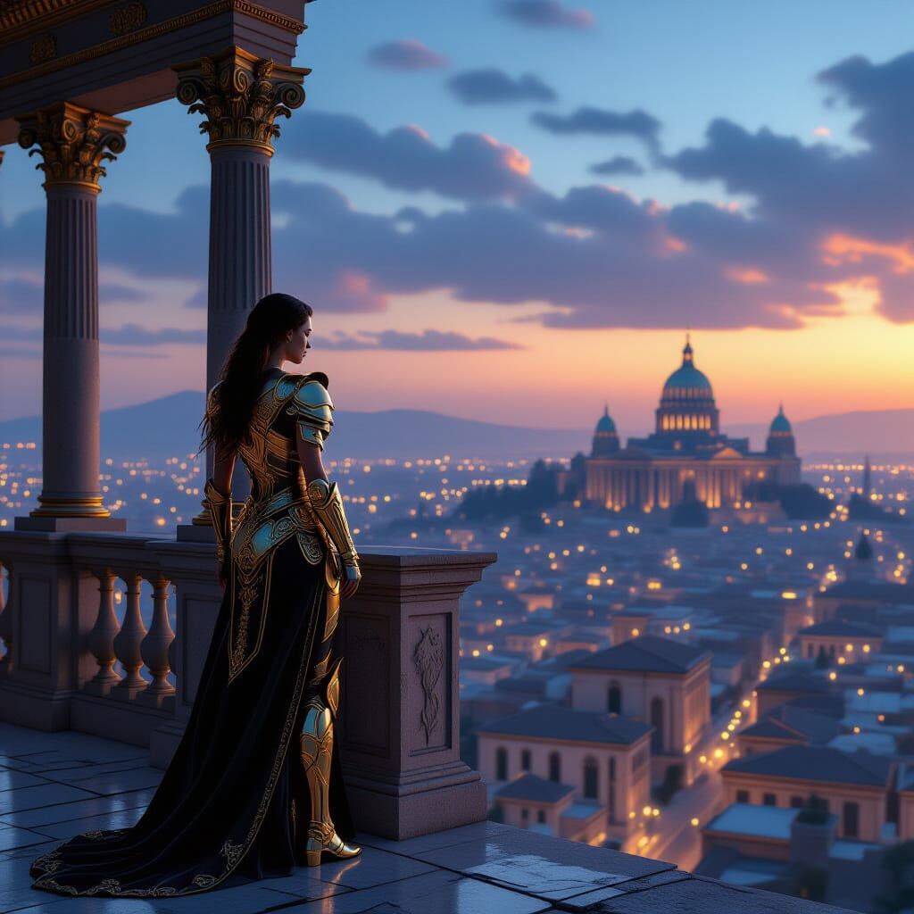 Futuristic Warrior on Ancient City Balcony at Dusk