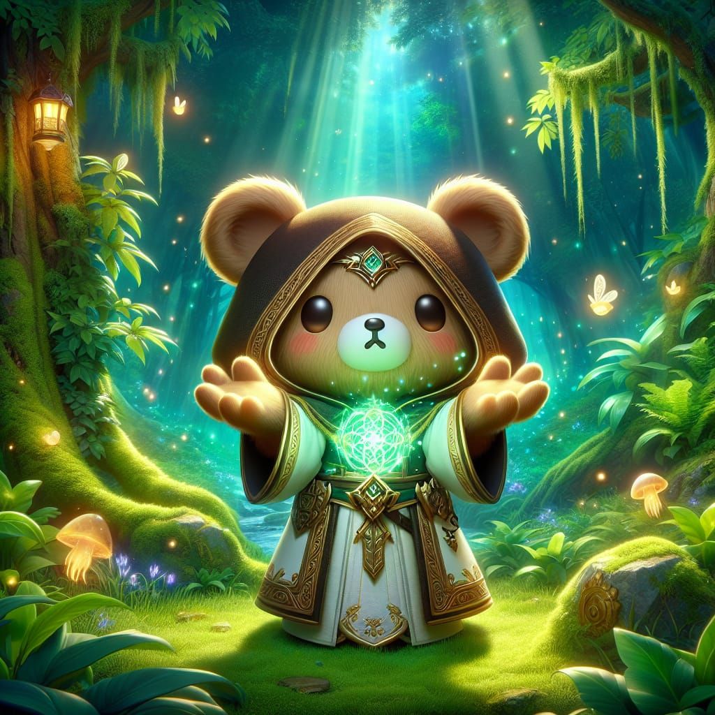 Chibi Bear Cleric Healer in Lush Forest