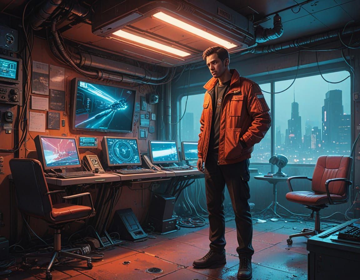 Cyberpunk Office Scene with Burning Trash Can