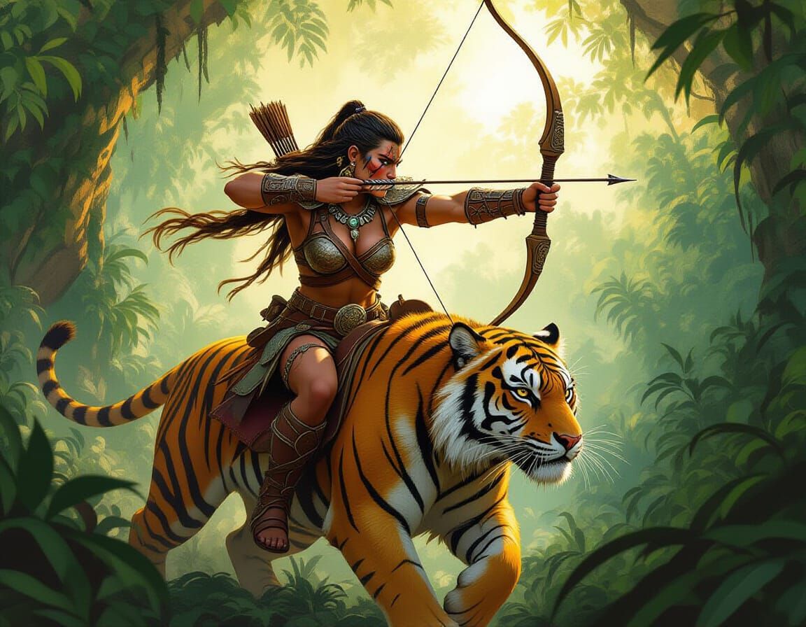 Barbarian Archer Rides Tiger Through Jungle, Digital Matte P...