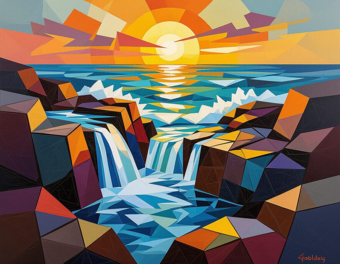 Cubist Rocky Coast at Sunset with Waterfalls