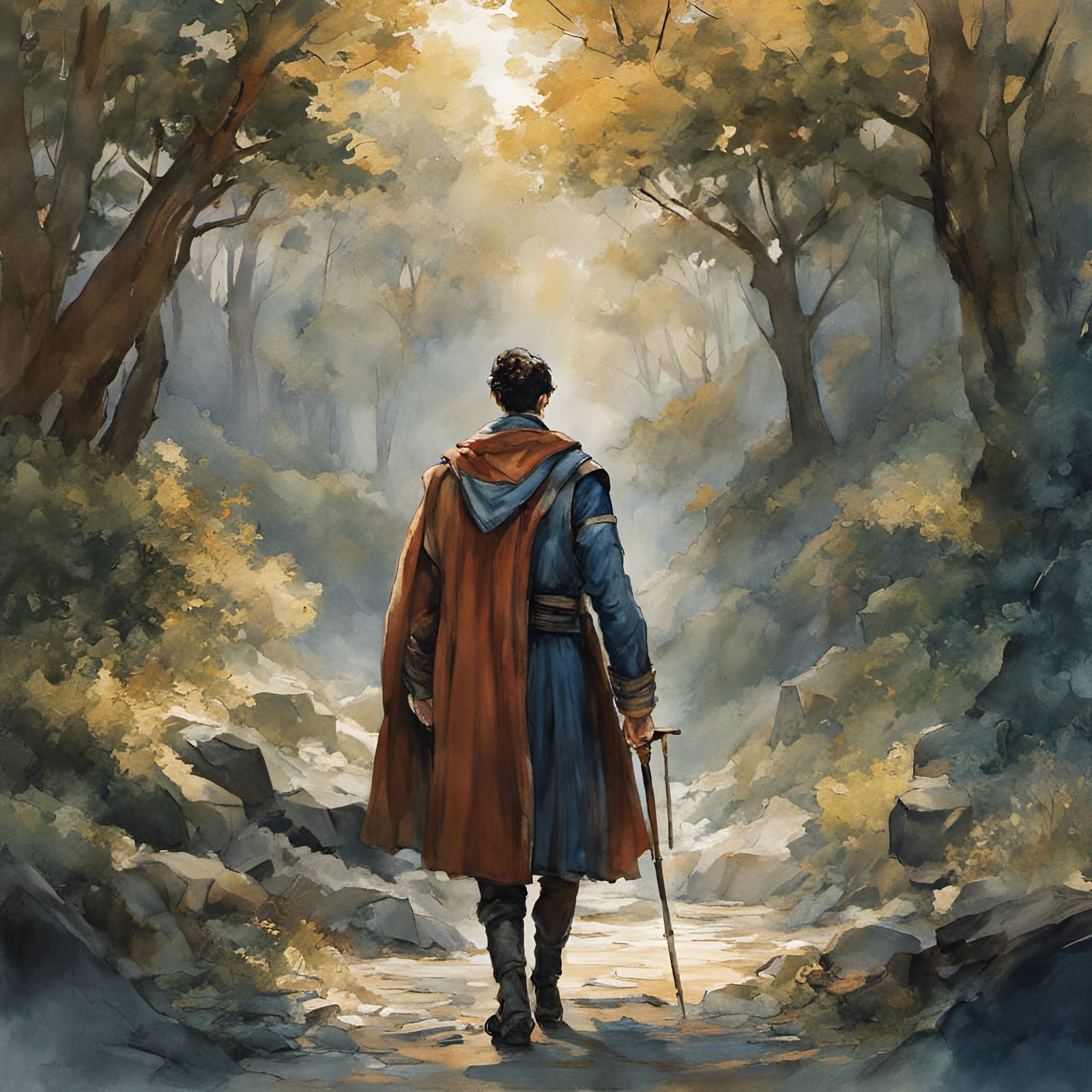 Medieval Navigator in Watercolor Landscape by Ghibli