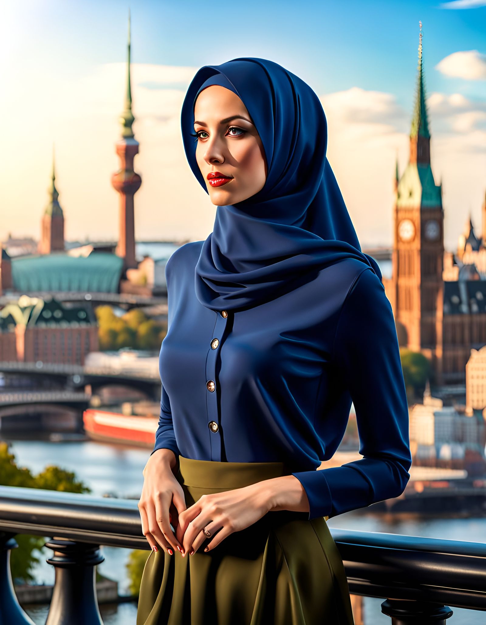 Modest Woman in Cityscape: 8k Digital Art