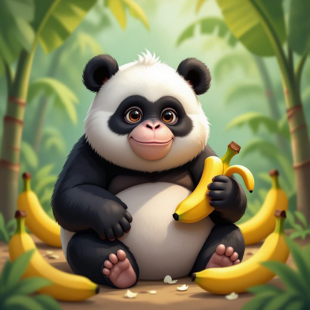 Blobfish-Chimpanzee-Panda Hybrid Among Banana Trees