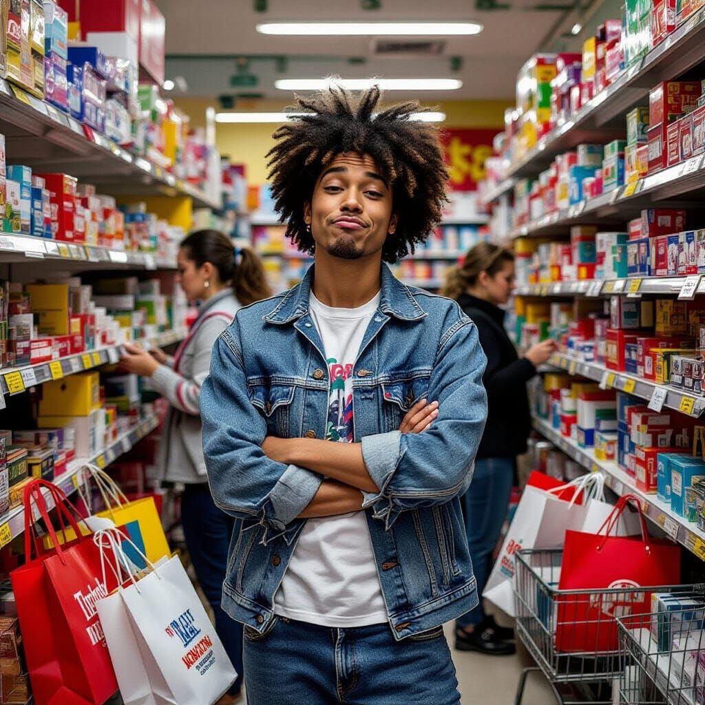 Dismissive Shopper in Vibrant Satirical Style