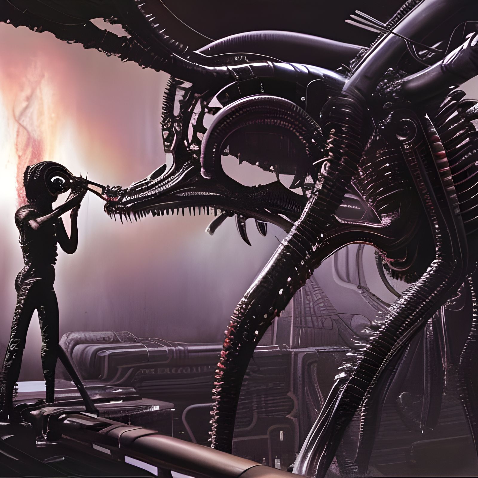 Ripley Confronts Aliens in Cyberpunk Horror Style