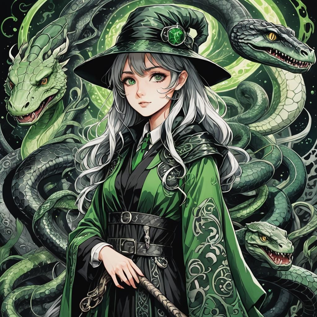 Slytherin Wizard Girl in 80s Anime Style