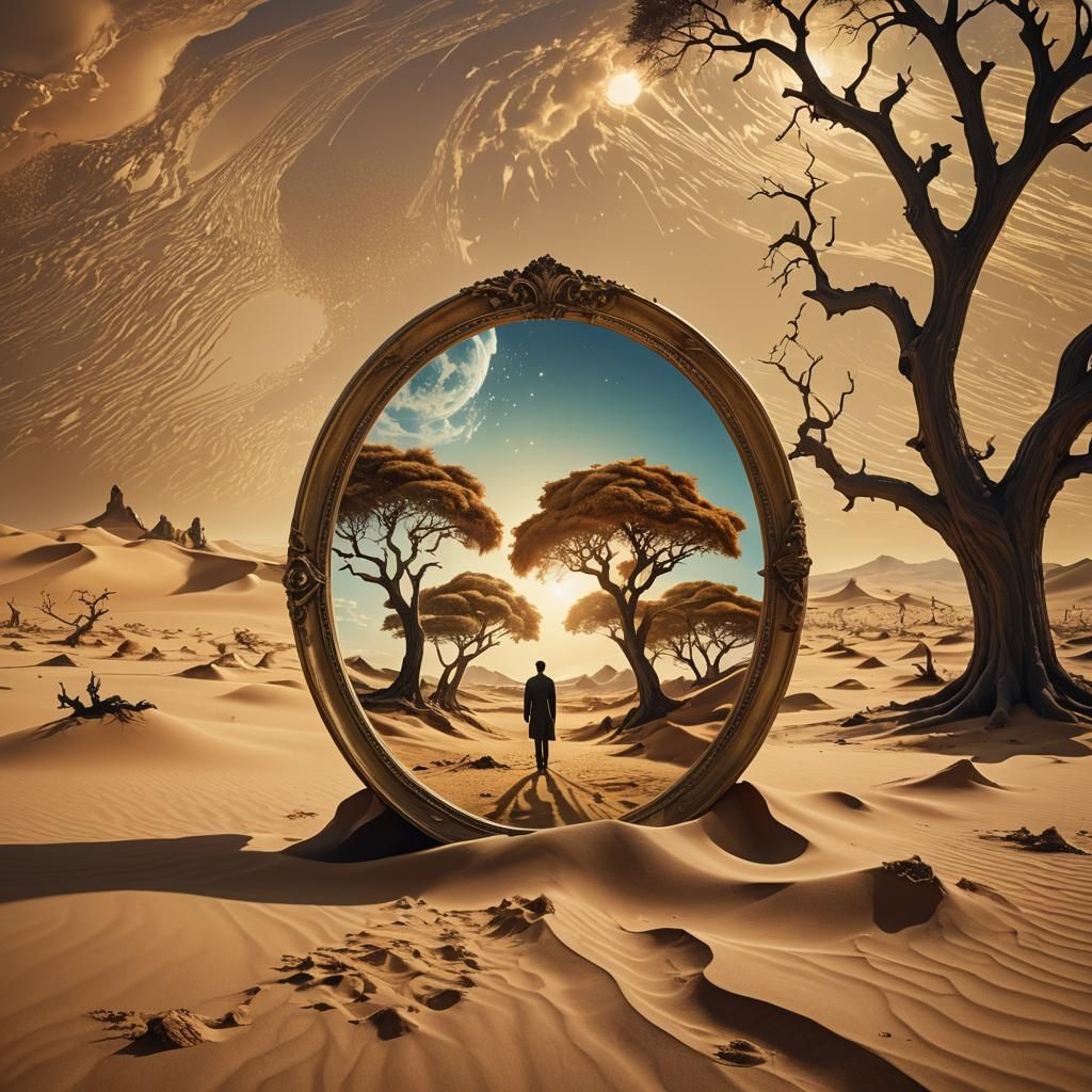 Mirror Reflecting Distant Tree in Surreal Desert