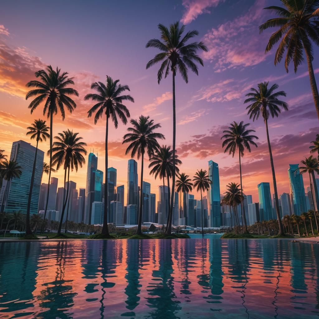 Spectacular Cityscape with Mountains and Sunset, Hyperrealis...