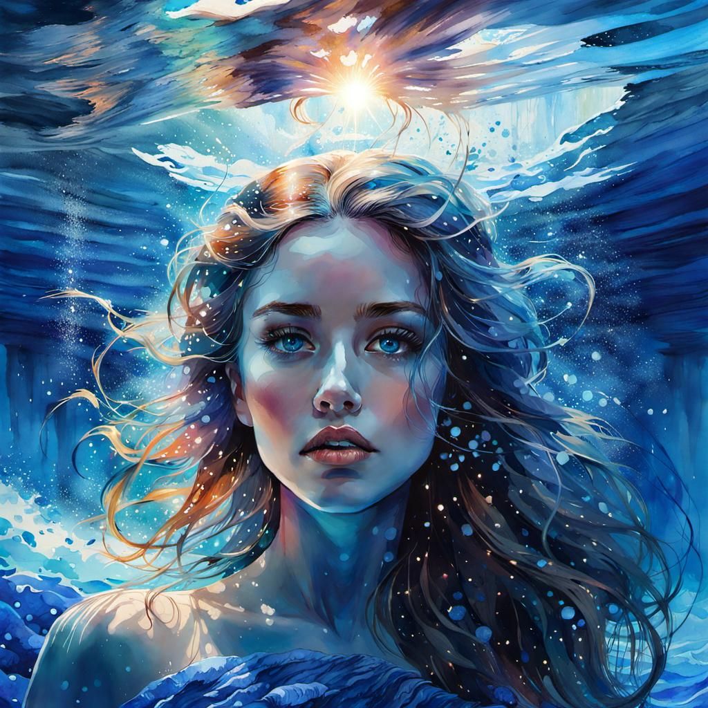 Underwater Goddess in Watercolor Sunset, Top View