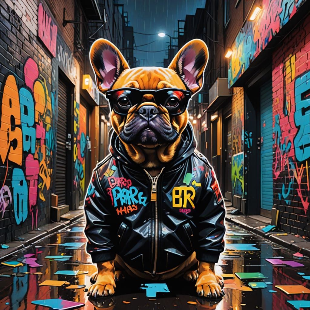 Cyberpunk French bulldog aley merchant