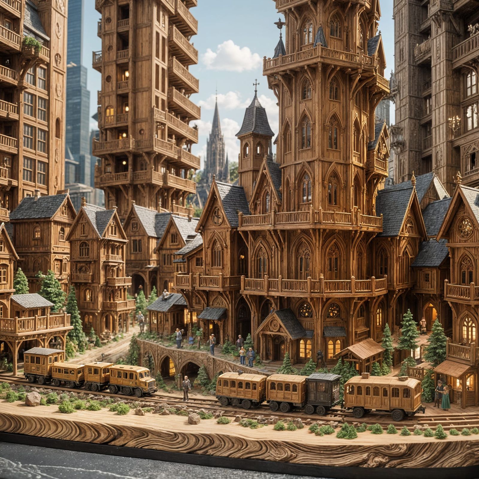Intricate Wooden City with Wood Vehicles and Architecture