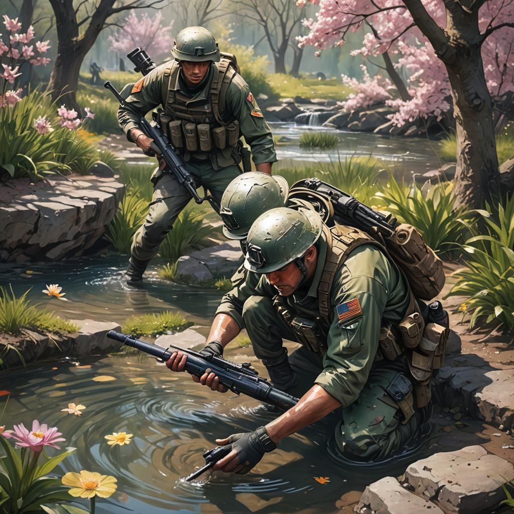 Hyperrealistic Soldier Refreshing in Spring with Weapon