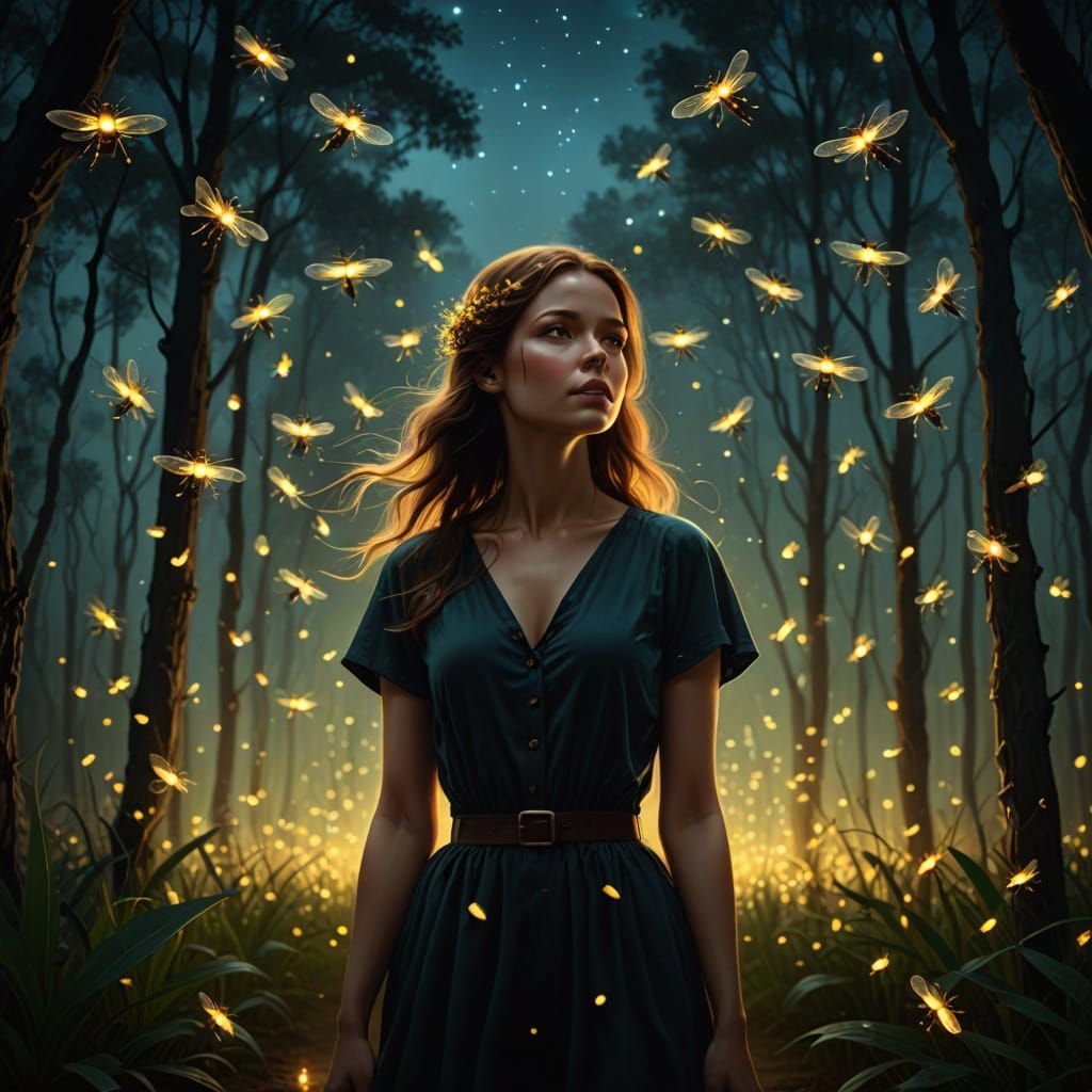 Surreal Fireflies Form Woman in Dark Landscape