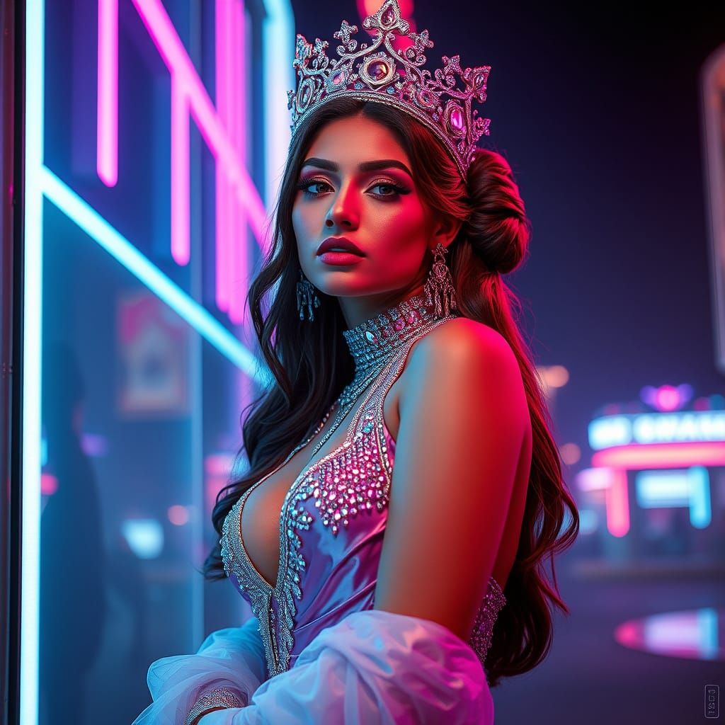 Neon Lit Queen in Futuristic Digital Art