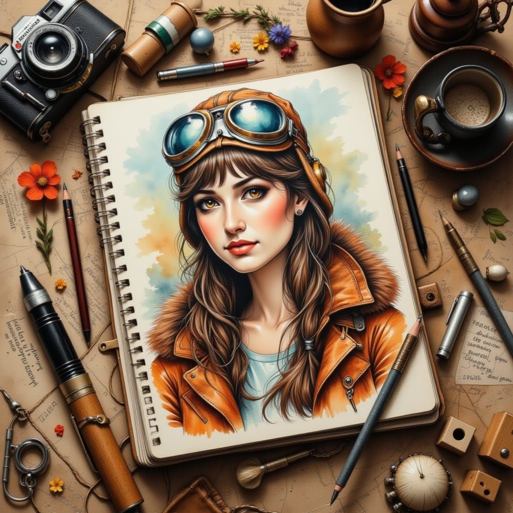 Open Sketchbook With Vintage Aviator Portrait