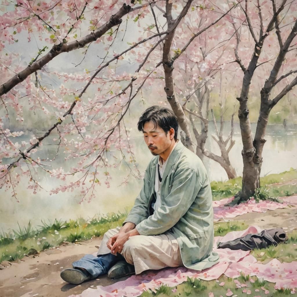 Crying Man Under Cherry Blossoms: Impressionist Watercolor