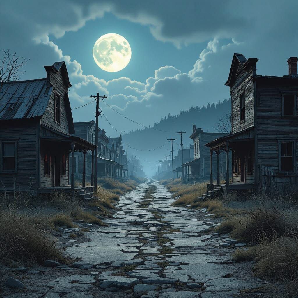 Moonlit Ghost Town Pathway in Cinematic Style