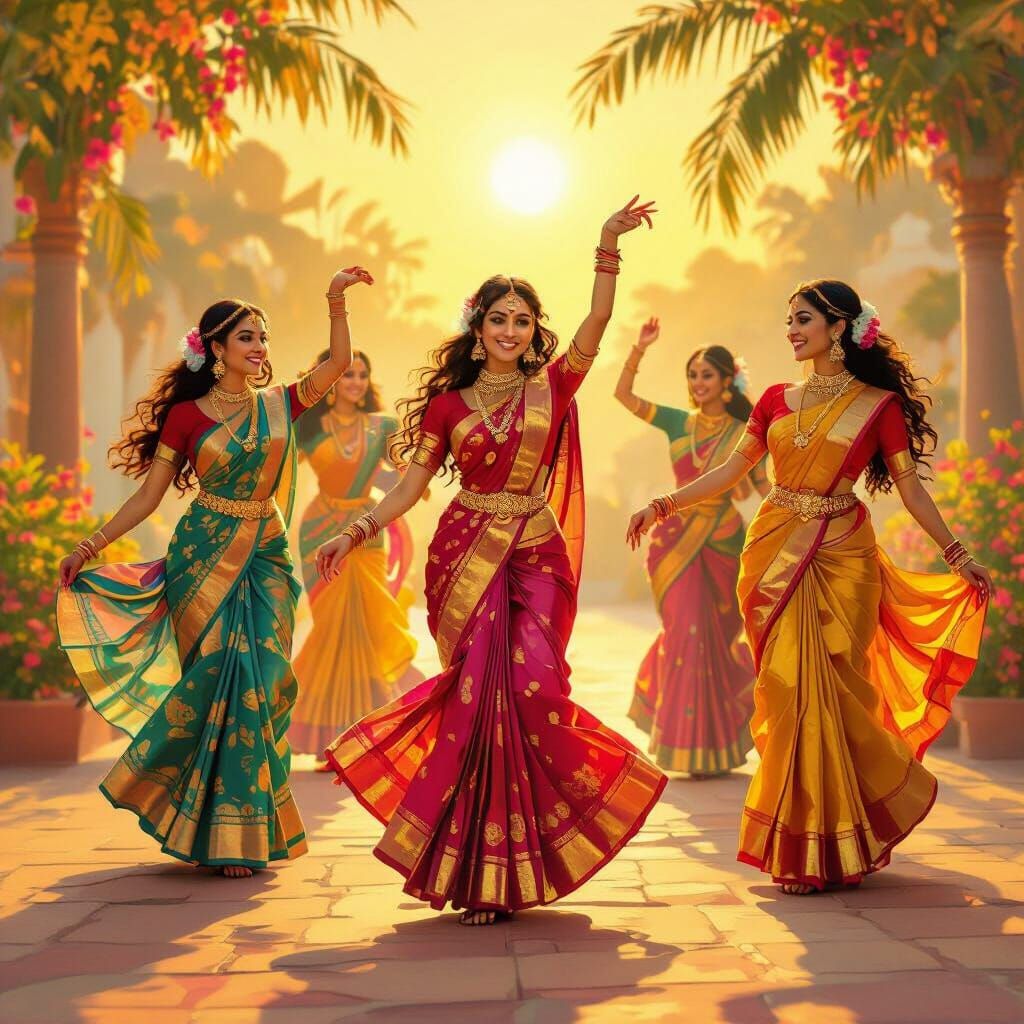 Indian Women Dancing in Golden Sunlight as Raja Ravi Varma P...