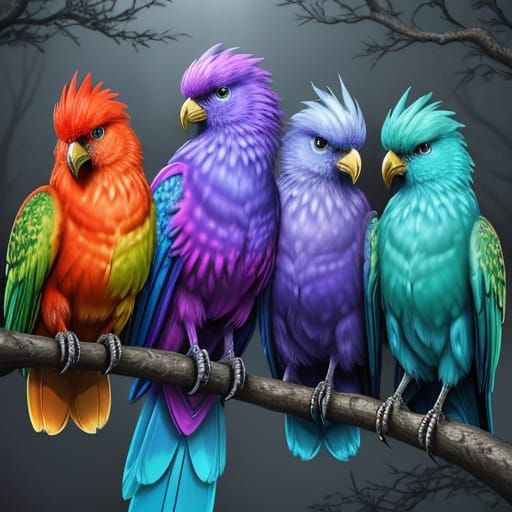 Fantasy Birds Perched in a Misty Forest