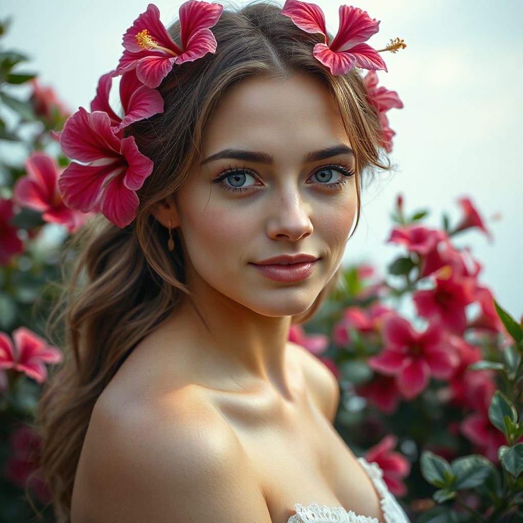 Ethereal Princess Among Vibrant Hibiscus Blooms