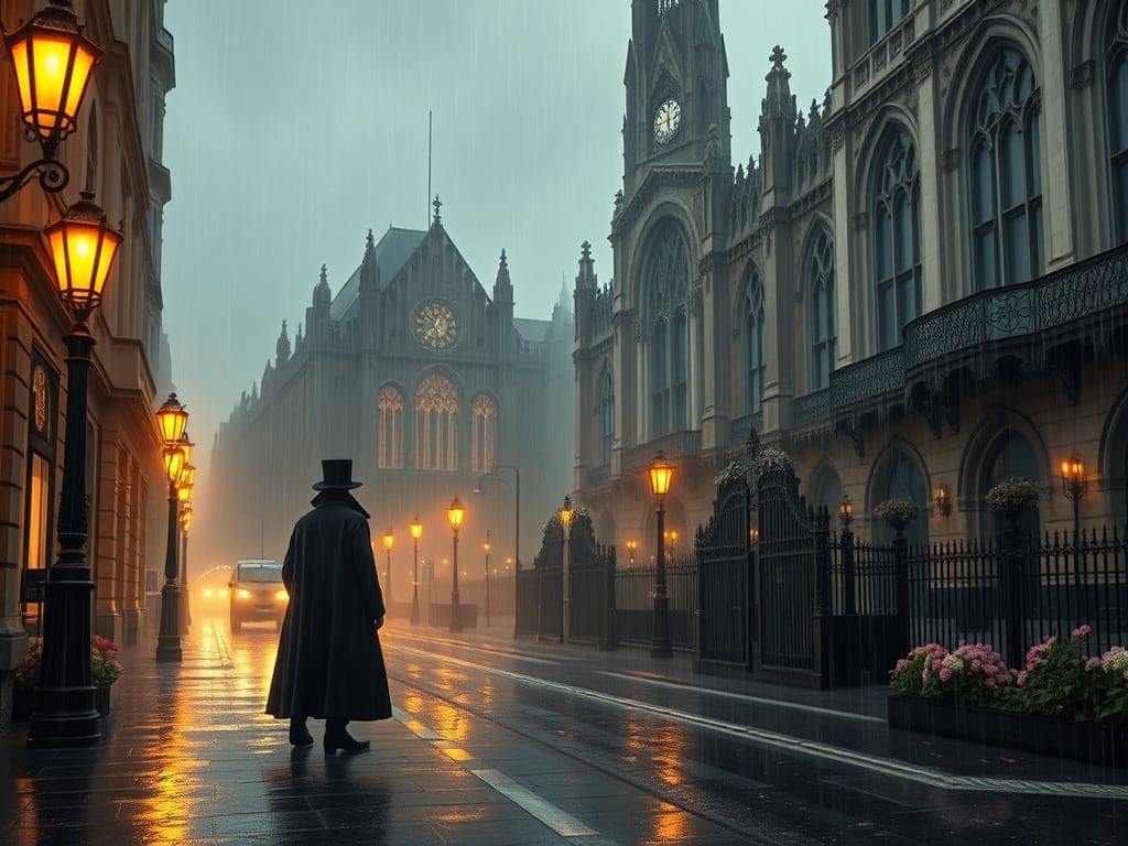 Victorian London in a Spring Rain, Pre-Raphaelite Style