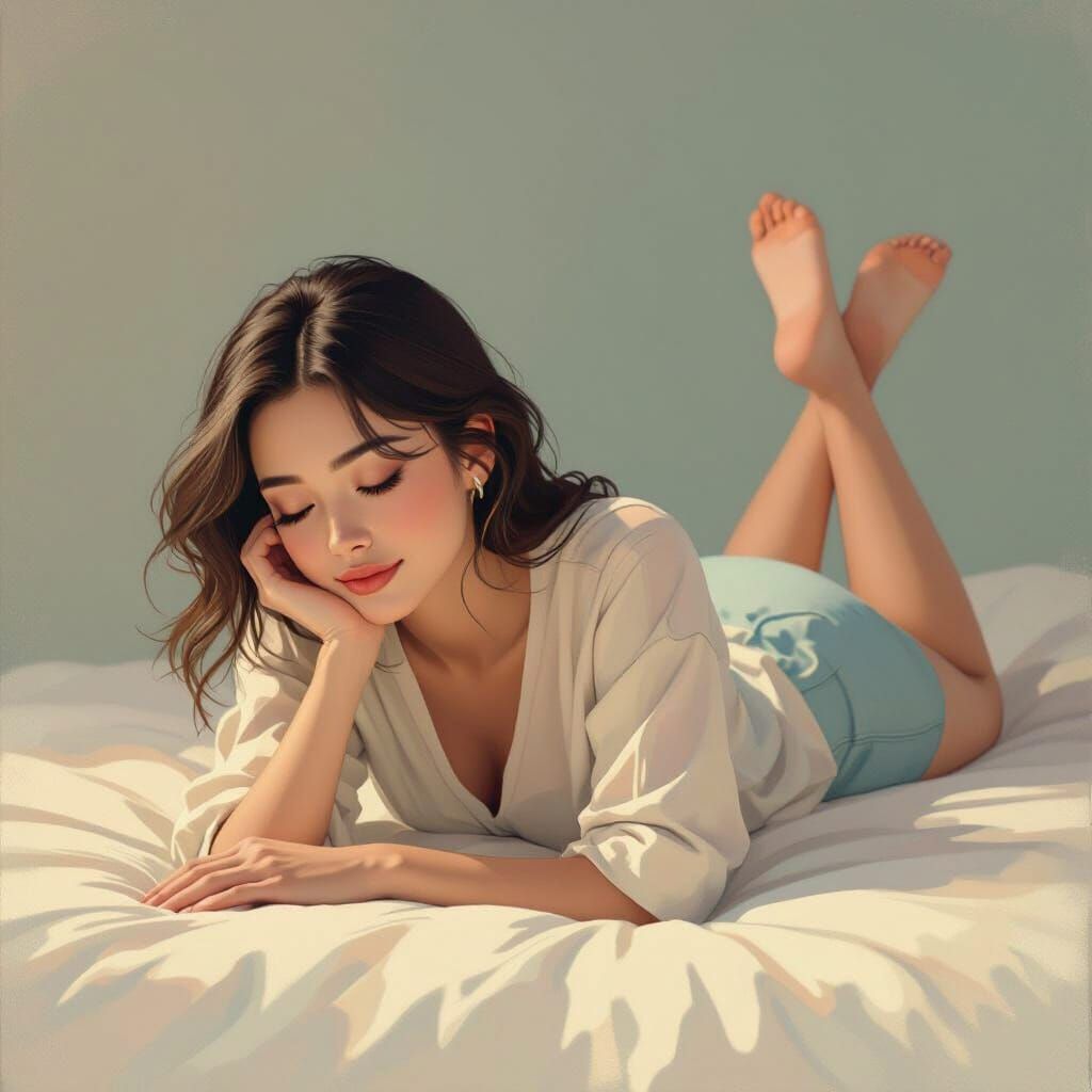 Woman in Relaxed Pose: Hand-Drawn Style Painting