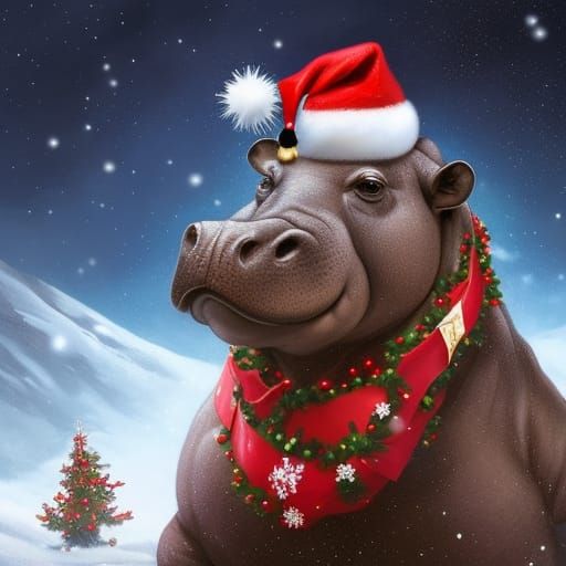 Festive Christmas Hippo Portrait in Hyperdetailed Style