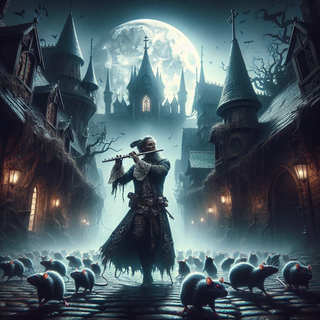 Medieval Pied Piper Leading Rats in Fantasycore Style