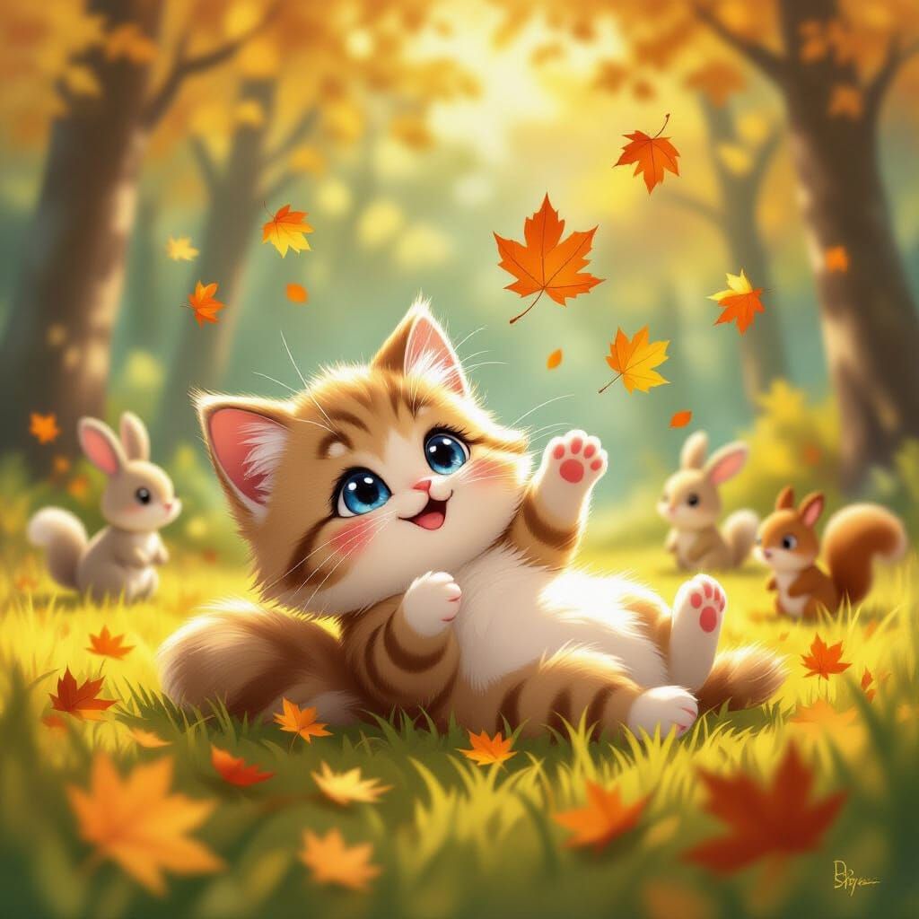 Cute Fluffy Cat Plays in Autumn Forest Ghibli Style