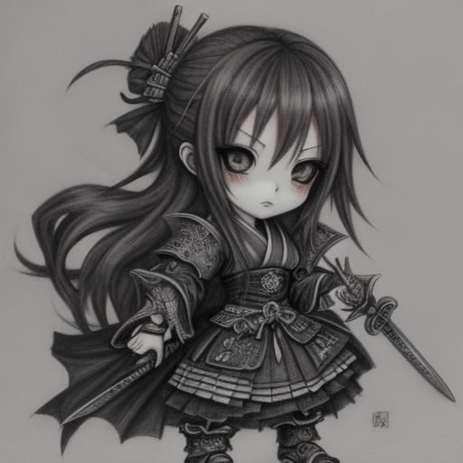 Gothic Chibi Girl with Swords: Charcoal Drawing