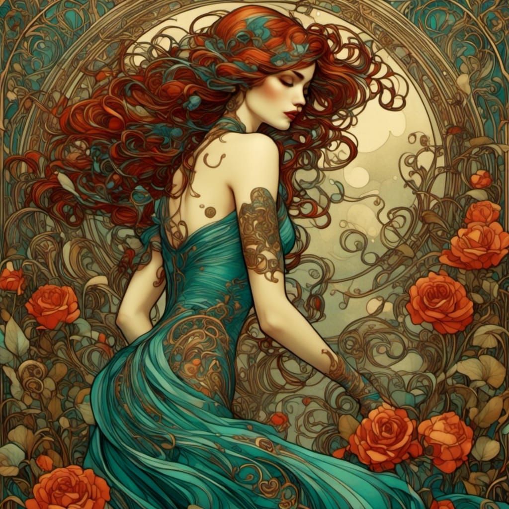 Art Nouveau Punk Woman on Beach at Midnight