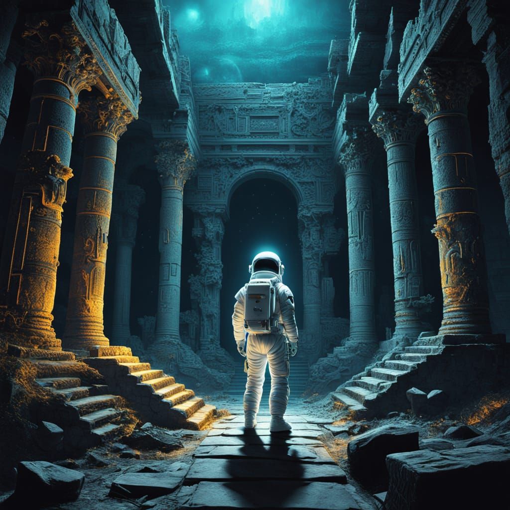Astronaut Explores Ancient Moon Ruins in Sci-Fi Art
