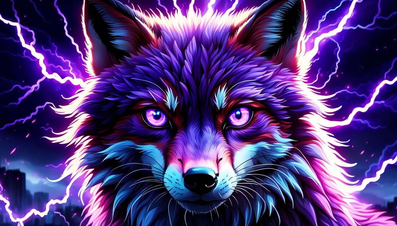 Neon Purple-Eyed Fox in Lightning Storm