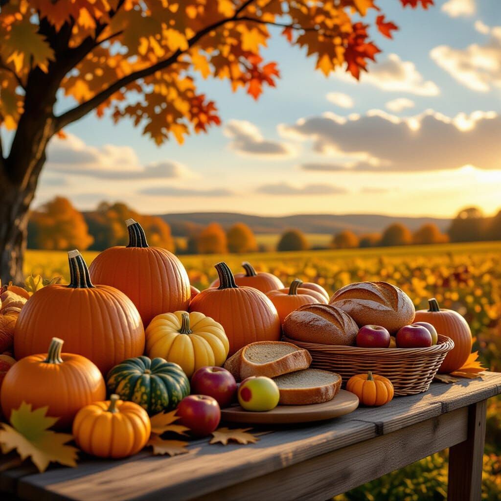 Abundant Autumn Harvest Table with Pumpkins and Bread